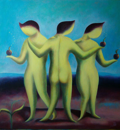 Painting titled "Las tres evas" by Inés Diez, Original Artwork, Oil Mounted on Wood Stretcher frame