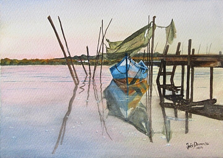 Painting titled "No Cais Palafítico…" by Inês Dourado, Original Artwork, Watercolor