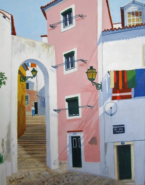 Painting titled "Calçadinha de São M…" by Inês Dourado, Original Artwork, Oil Mounted on Wood Stretcher frame