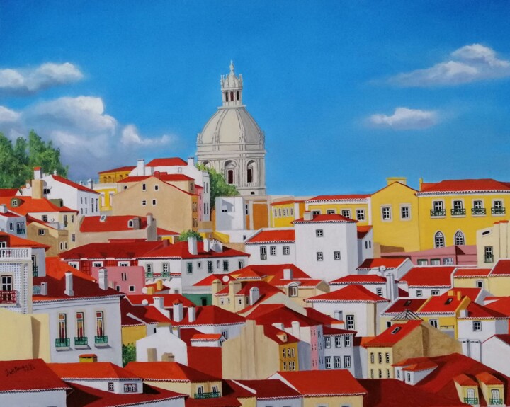 Картина под названием "Lisboa Luminosa e C…" - Inês Dourado, Подлинное произведение искусства, Масло Установлен на Деревянна…