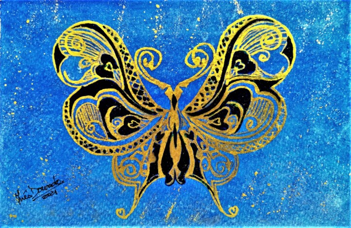 Pintura intitulada "Borboleta Dourada" por Inês Dourado, Obras de arte originais, Aquarela