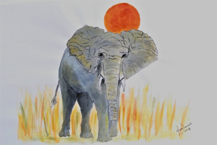 Картина под названием "O Elefante e o Sol" - Inês Dourado, Подлинное произведение искусства, Акрил