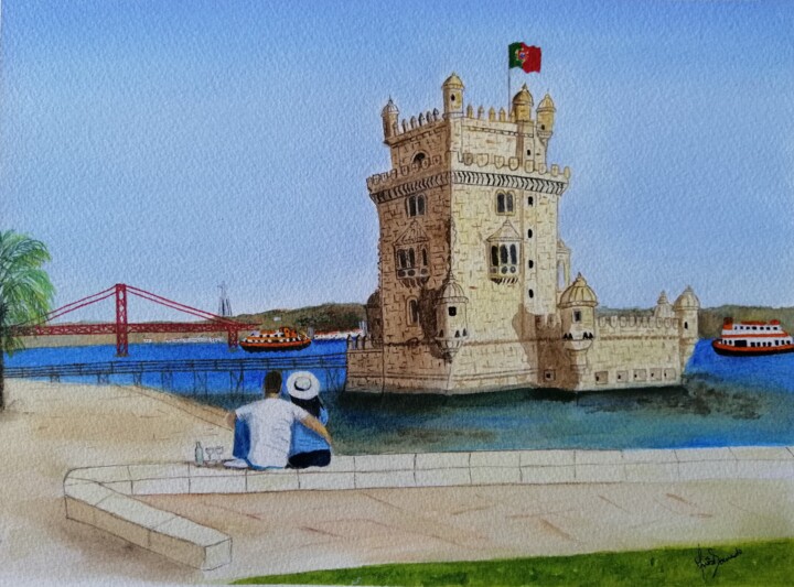 Peinture intitulée "Na Torre de Belém" par Inês Dourado, Œuvre d'art originale, Aquarelle