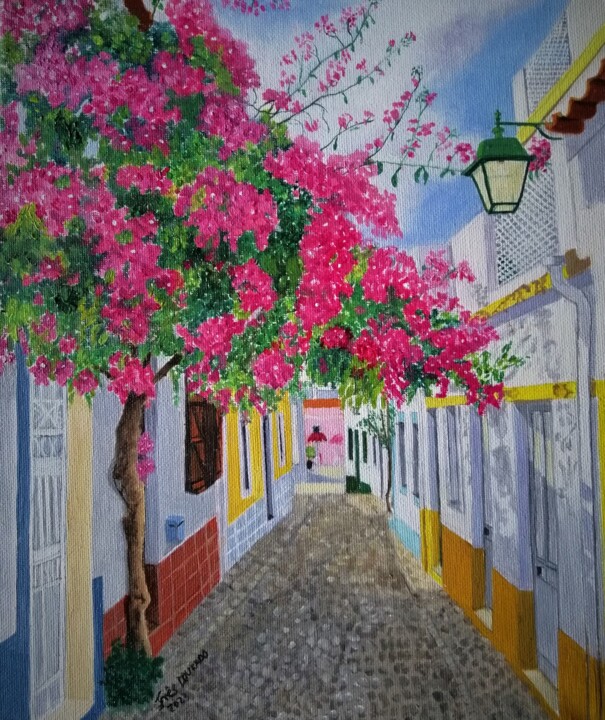 Painting titled "Uma Rua florida de…" by Inês Dourado, Original Artwork, Oil Mounted on Wood Stretcher frame