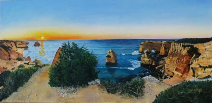 Painting titled "Por do sol, Praia d…" by Inês Dourado, Original Artwork, Oil Mounted on Wood Stretcher frame