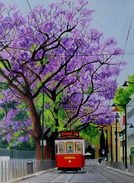 Painting titled "Jacarandás de Lisbo…" by Inês Dourado, Original Artwork, Oil Mounted on Wood Stretcher frame