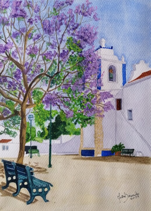 Pintura intitulada "Jacarandá de Alvor" por Inês Dourado, Obras de arte originais, Aquarela