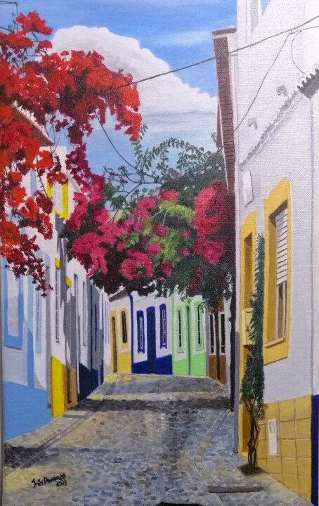 Painting titled "Rua Florida em Ferr…" by Inês Dourado, Original Artwork, Oil Mounted on Wood Stretcher frame