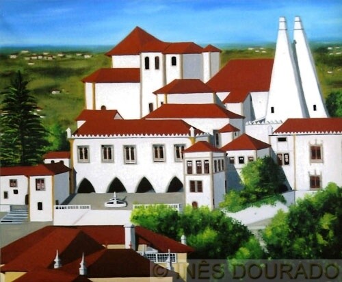 Painting titled "Palácio de Sintra (…" by Inês Dourado, Original Artwork, Oil Mounted on Wood Stretcher frame