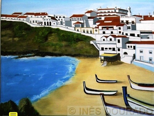 Schilderij getiteld "Praia do Carvoeiro,…" door Inês Dourado, Origineel Kunstwerk, Olie