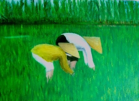 Pintura intitulada "Apanhando ervas dan…" por Inês Dourado, Obras de arte originais, Óleo