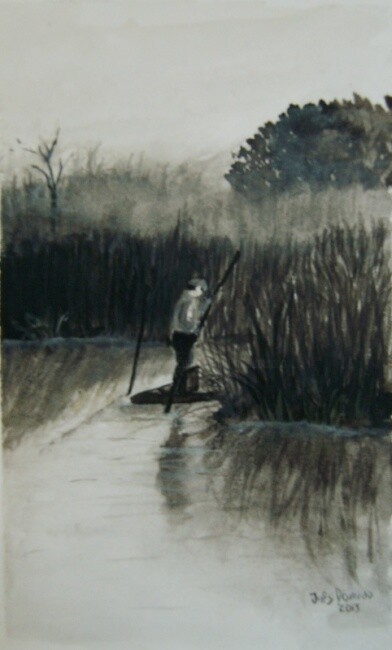Pintura intitulada "Pescando no nevoeir…" por Inês Dourado, Obras de arte originais, Aquarela