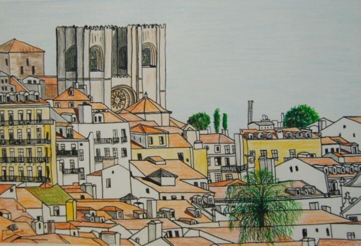 Painting titled "Lisboa com Sé Velha…" by Inês Dourado, Original Artwork, Other