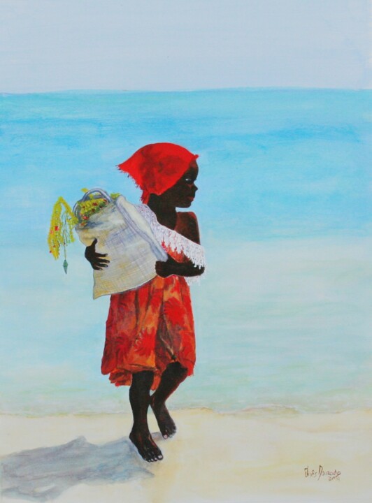 Painting titled "A Menina e o mar" by Inês Dourado, Original Artwork, Acrylic