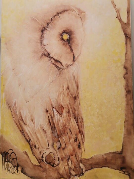 Peinture intitulée "owl yellow" par Inesa Mur, Œuvre d'art originale, Huile