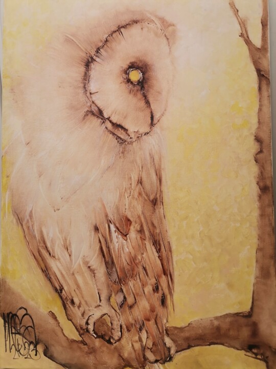 Картина под названием "owl yellow" - Inesa Mur, Подлинное произведение искусства, Масло