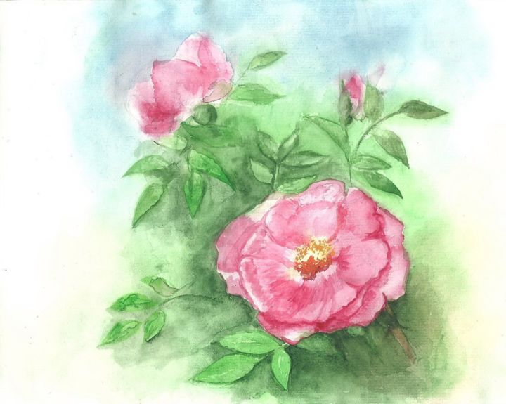 Painting titled "Branch of a dogrose" by Iness Osychna, Original Artwork, Watercolor