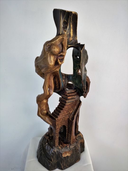 Sculptuur getiteld "Reciclaje de ídolos…" door Infa Inot, Origineel Kunstwerk, Hout