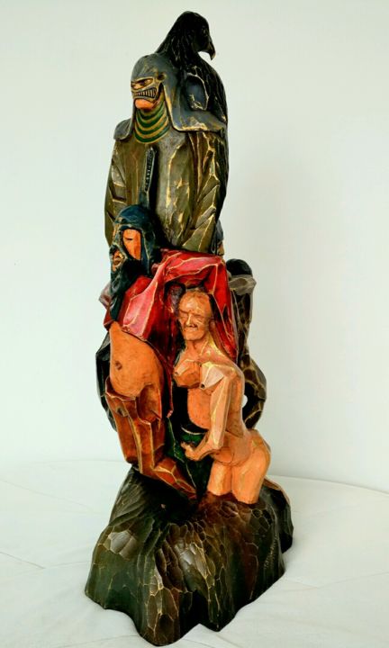 Sculptuur getiteld "Reciclaje de ídolos…" door Infa Inot, Origineel Kunstwerk, Hout
