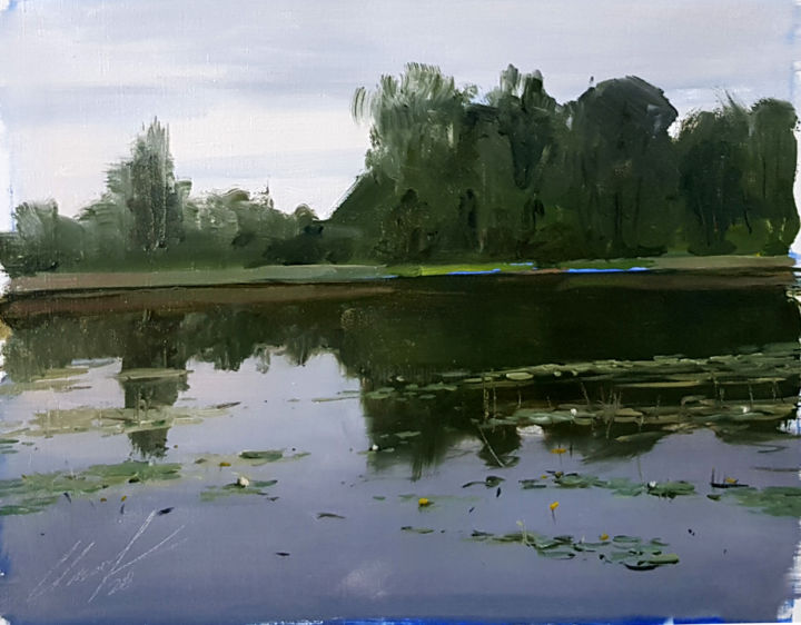 Painting titled "Morning on the Lake" by Elmar Magerram, Original Artwork, Oil