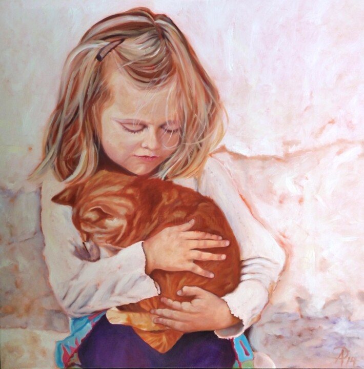 Painting titled "Mädchen mit Katze" by Anne Petschuch, Original Artwork, Oil Mounted on Wood Stretcher frame