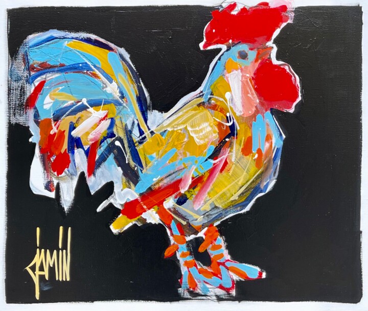 Painting titled "Coq" by David Jamin, Original Artwork, Acrylic Mounted on Wood Stretcher frame