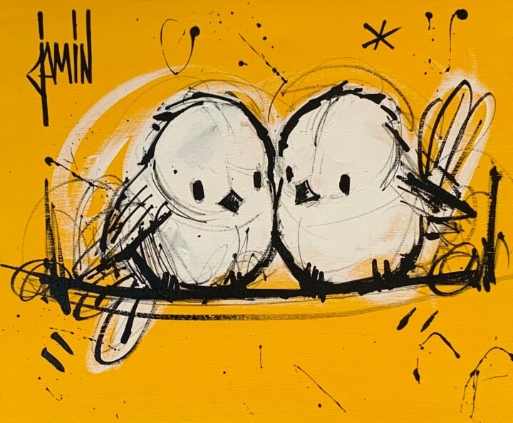 Schilderij getiteld "Deux petits oiseaux" door David Jamin, Origineel Kunstwerk, Acryl