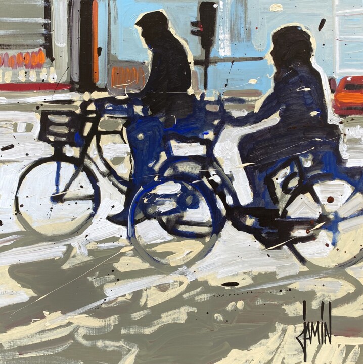 Pittura intitolato "Balade à vélo" da David Jamin, Opera d'arte originale, Acrilico