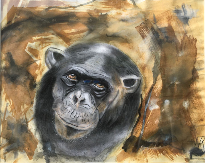 Painting titled "Schimpanse" by Kunstimkuhstall, Original Artwork, Pastel