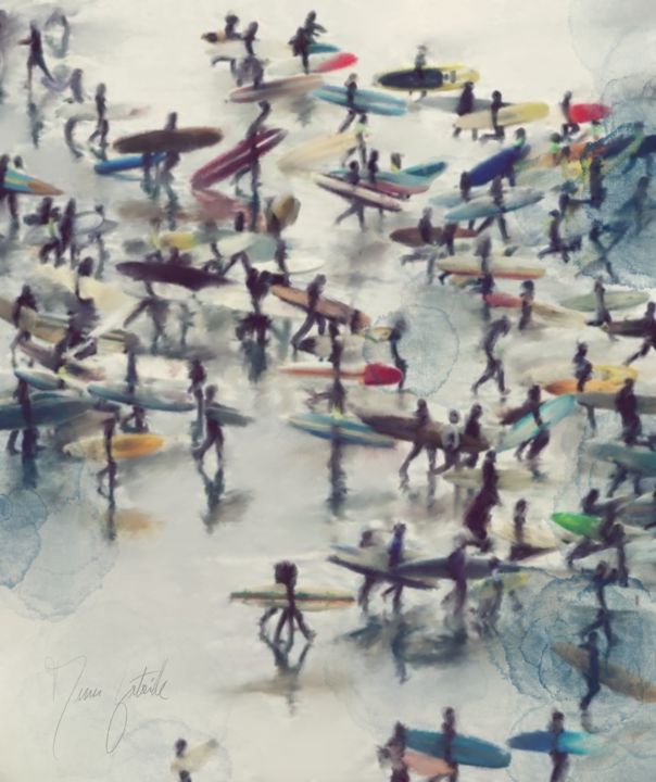 Arts numériques intitulée "Foule sur la plage" par Manu Bataille, Œuvre d'art originale, Peinture numérique Monté sur Plexig…