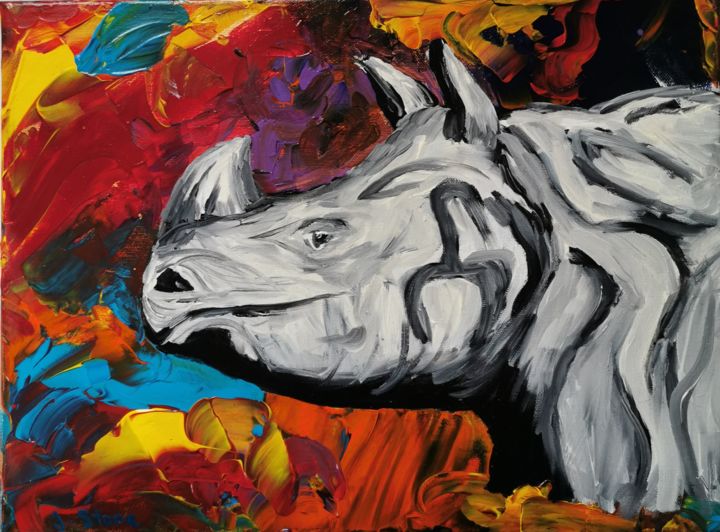 Schilderij getiteld "Nashorn" door Julietta Stone, Origineel Kunstwerk, Acryl