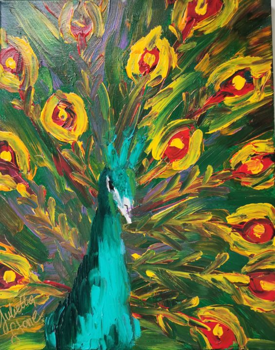 Painting titled "Pfau" by Julietta Stone, Original Artwork, Acrylic