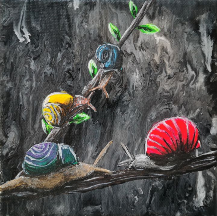 Malerei mit dem Titel "Bunte Schnecken" von Julietta Stone, Original-Kunstwerk, Acryl