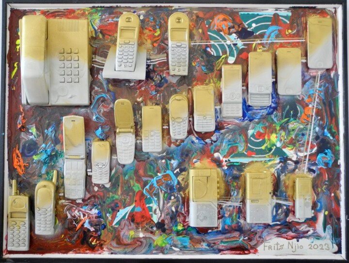 Painting titled "Phony Mobiles" by Frits Njio, Original Artwork, Acrylic Mounted on Wood Panel