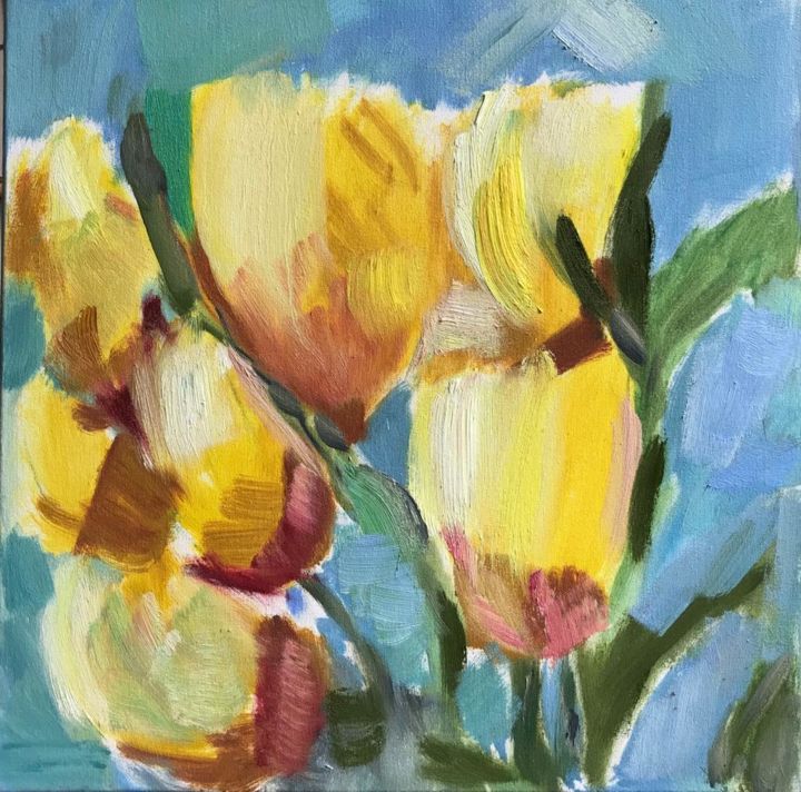 Painting titled "Желтые тюльпаны/Yel…" by Larisa Bogdanova, Original Art, Oil