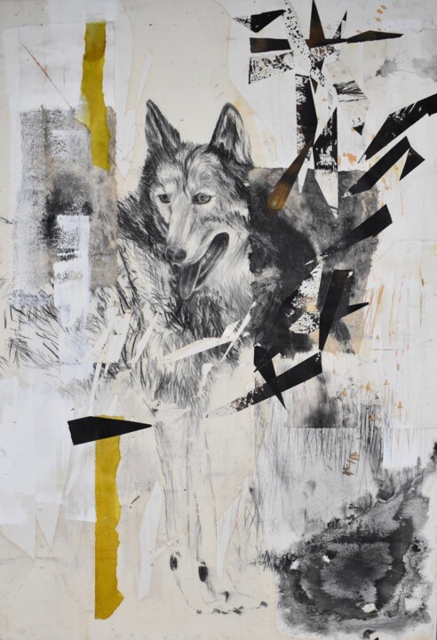 Painting titled "lupus damnatus" by Gaby Roter, Original Artwork, Charcoal Mounted on Wood Panel