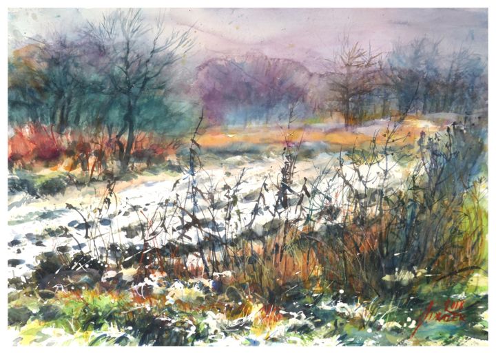 Malarstwo zatytułowany „Zimowy krajobraz” autorstwa Drazek, Oryginalna praca, Akwarela