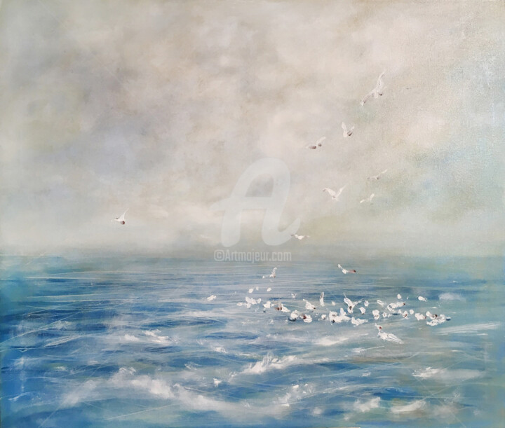 Pittura intitolato "Seaguls and sea" da Inga Jurane, Opera d'arte originale, Olio
