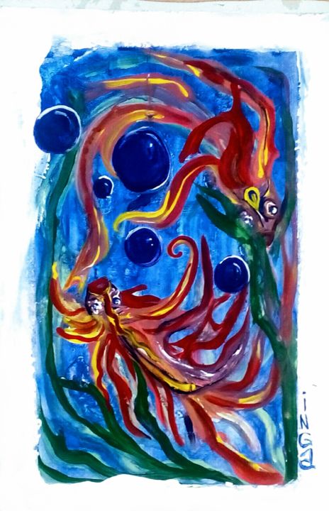 Peinture intitulée ",,Рыбки играют,," par Inga Kurganskaia, Œuvre d'art originale, Acrylique