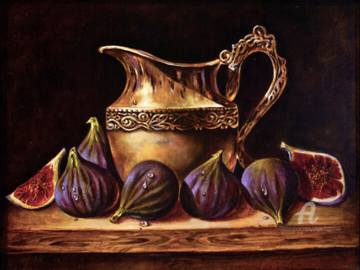 Painting titled "Copper jug with figs" by Inga Loginova, Original Artwork, Oil Mounted on Wood Stretcher frame