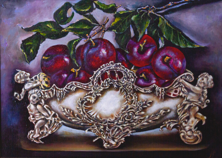 Painting titled "Plums in an antique…" by Inga Loginova, Original Artwork, Oil