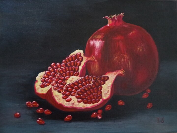Painting titled "Pomegranate" by Inga Shaihrazieva, Original Artwork, Oil Mounted on Wood Stretcher frame