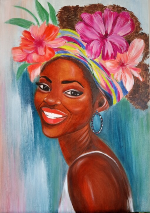 Painting titled "African girl with f…" by Inga Shaihrazieva, Original Artwork, Oil Mounted on Wood Stretcher frame