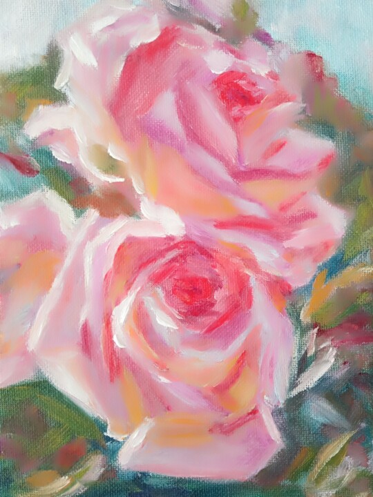 Painting titled "Roses in the garden" by Inga Shaihrazieva, Original Artwork, Oil Mounted on Cardboard
