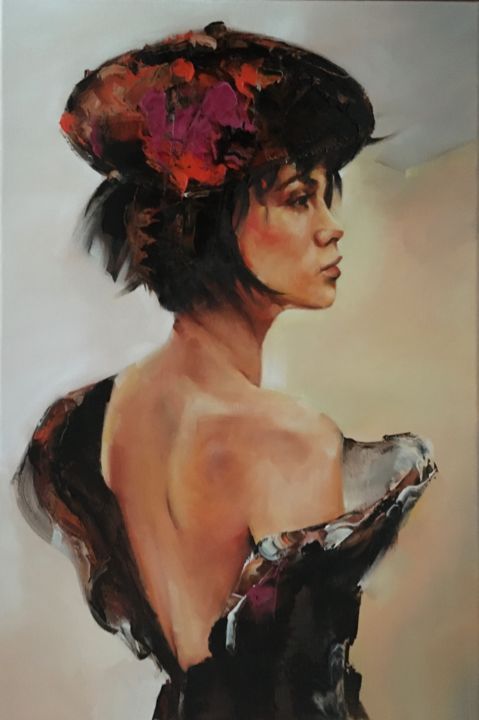 Painting titled "Woman with beret III" by Inge Coolen, Original Artwork, Oil