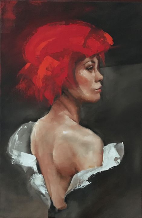 Painting titled "Woman with beret I" by Inge Coolen, Original Artwork, Oil