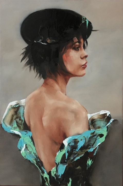 Painting titled "Woman with beret II" by Inge Coolen, Original Artwork, Oil