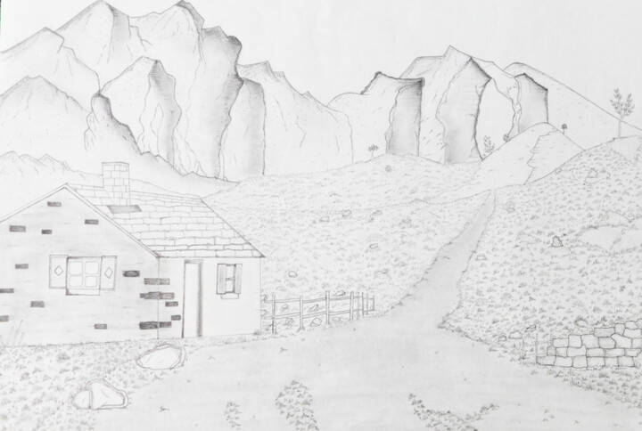 Drawing titled "Sur le chemin" by Ingrid Clergeaud, Original Artwork, Pencil