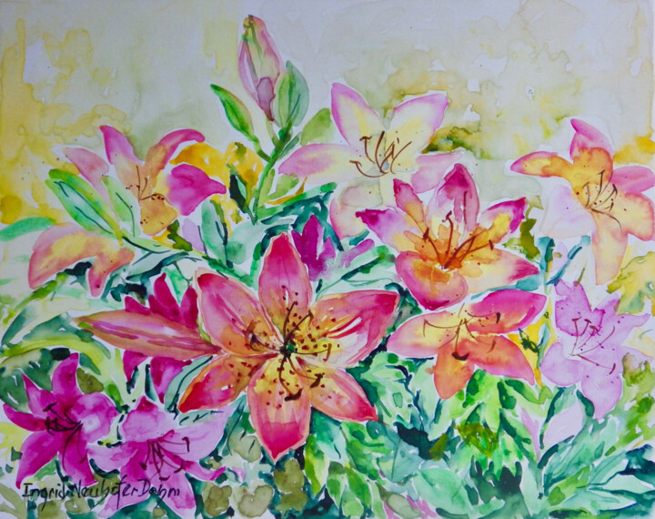 Painting titled "Lilies" by Ingrid Dohm, Original Artwork, Watercolor