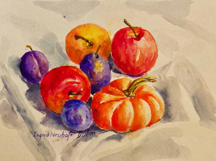 Painting titled "Apples and Plums" by Ingrid Dohm, Original Artwork, Watercolor